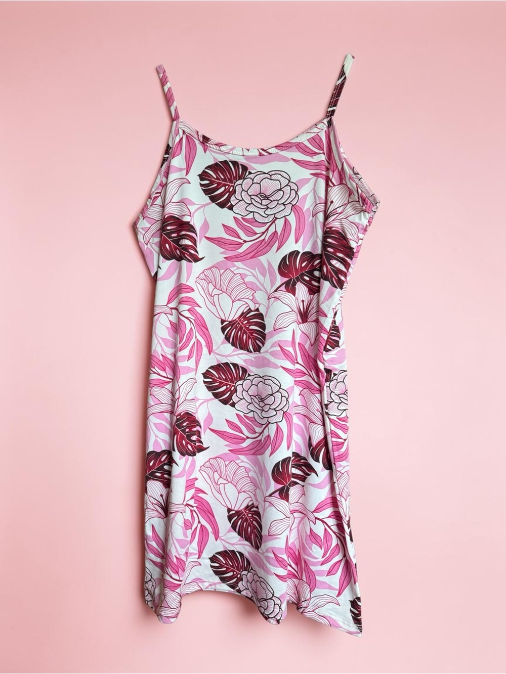 Pink Tropical Summer Dress with Thin Straps